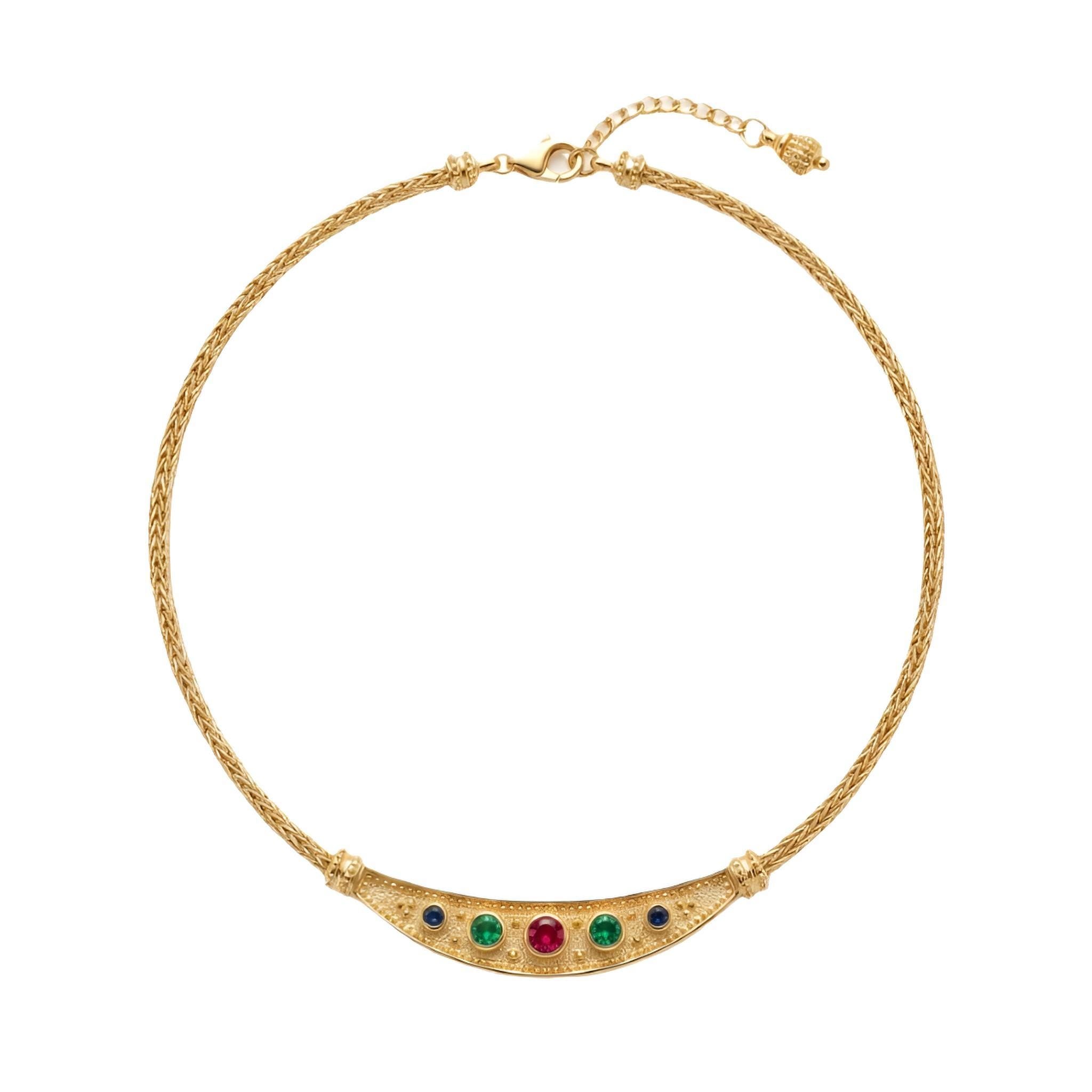 Byzantine Necklace – Gold Plated Multicolor Gemstone Necklace with Greek Key Design