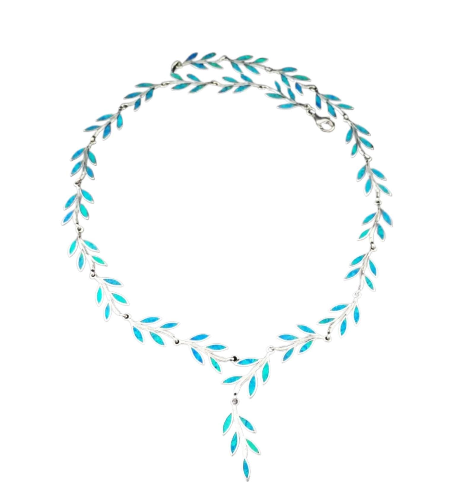 Opal Blue Olive Leaves Necklace, Sterling Silver Pendant