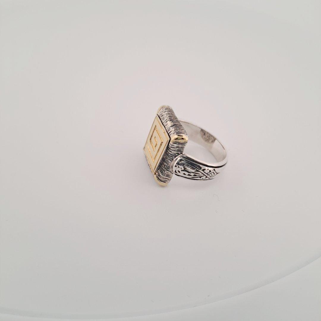 Byzantine Statement Ring – Two Tone Gold Silver Ornate Square Band