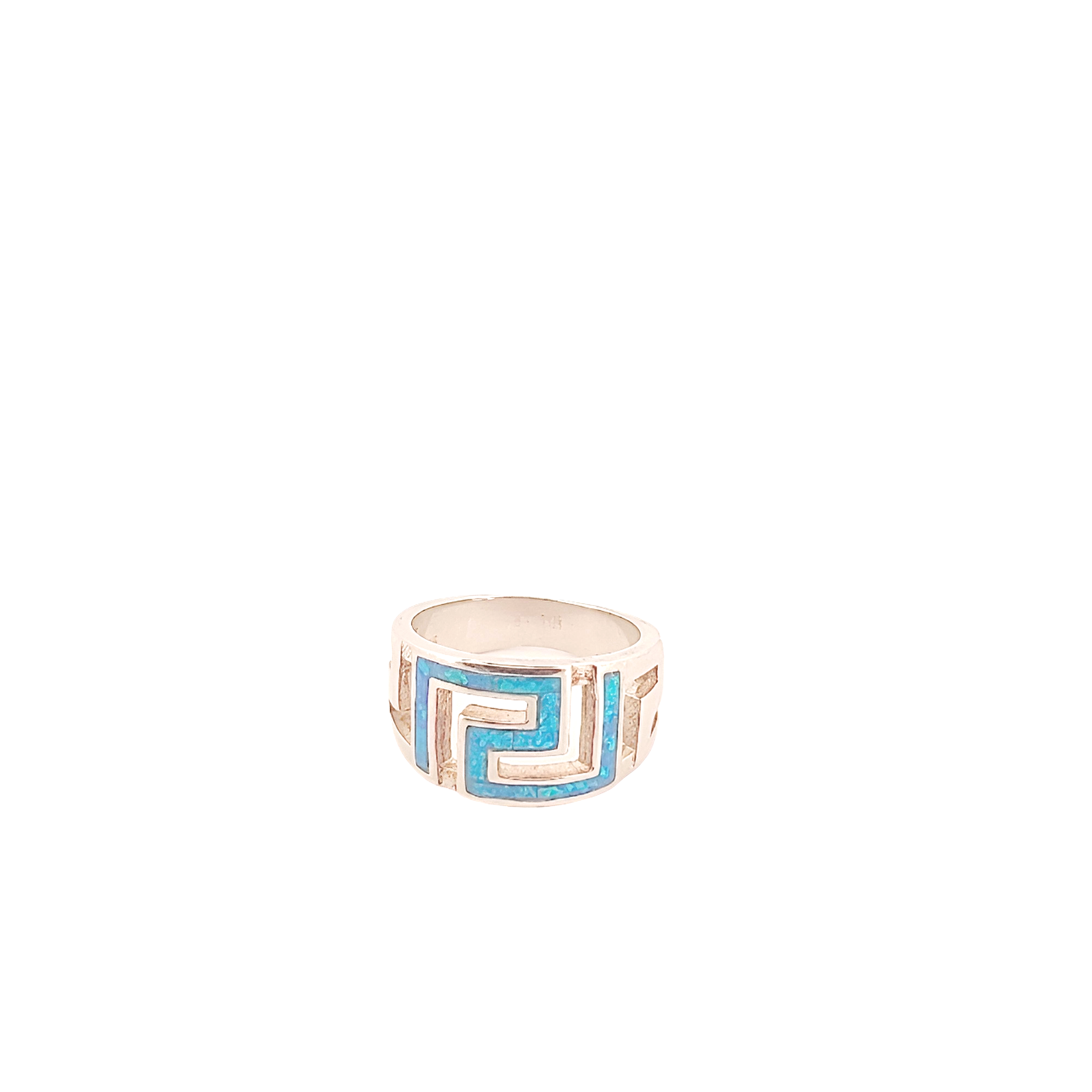 Sterling Silver Ring, Greek Key Meander Design with Blue Opal Inlay, Statement Ring