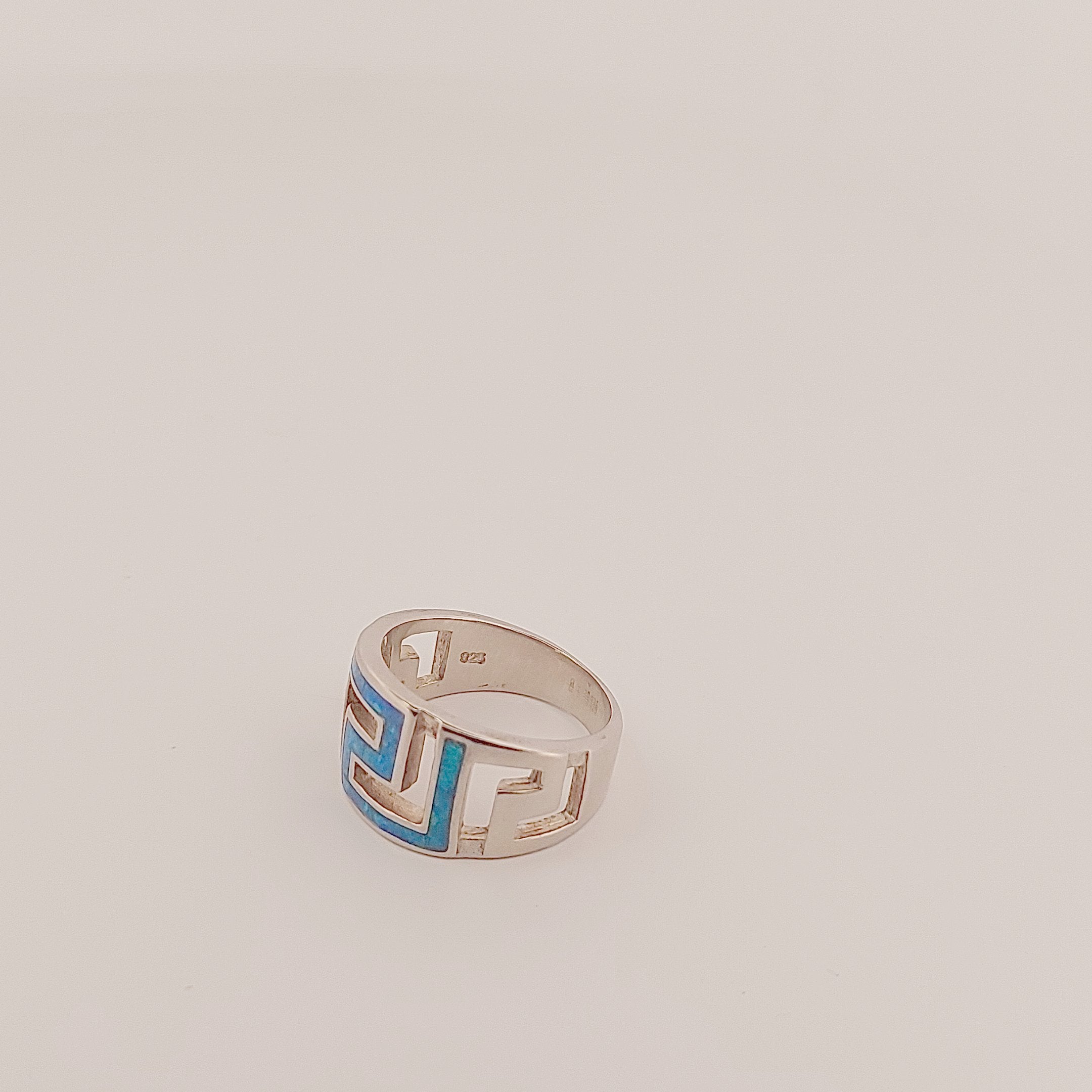 Sterling Silver Ring, Greek Key Meander Design with Blue Opal Inlay, Statement Ring