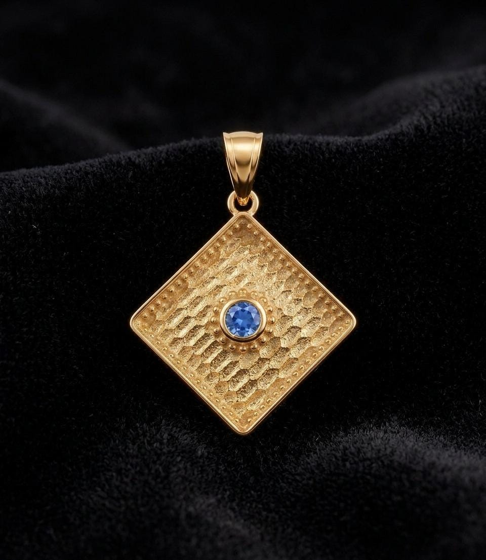 Gold Plated Pendant – Byzantine Textured Rhombus Charm With Synthetic Gemstone