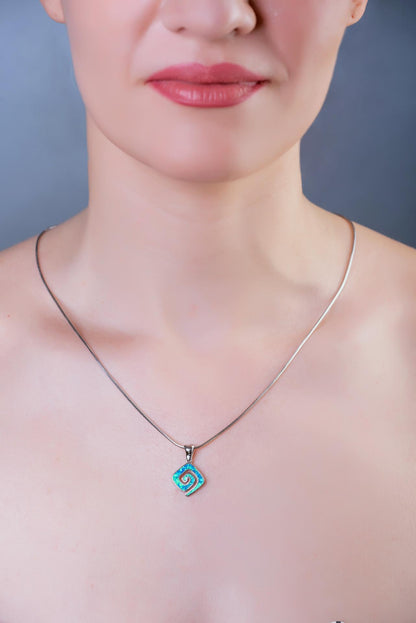 Blue Opal Greek Key Pendant: Sterling Silver Meander Necklace