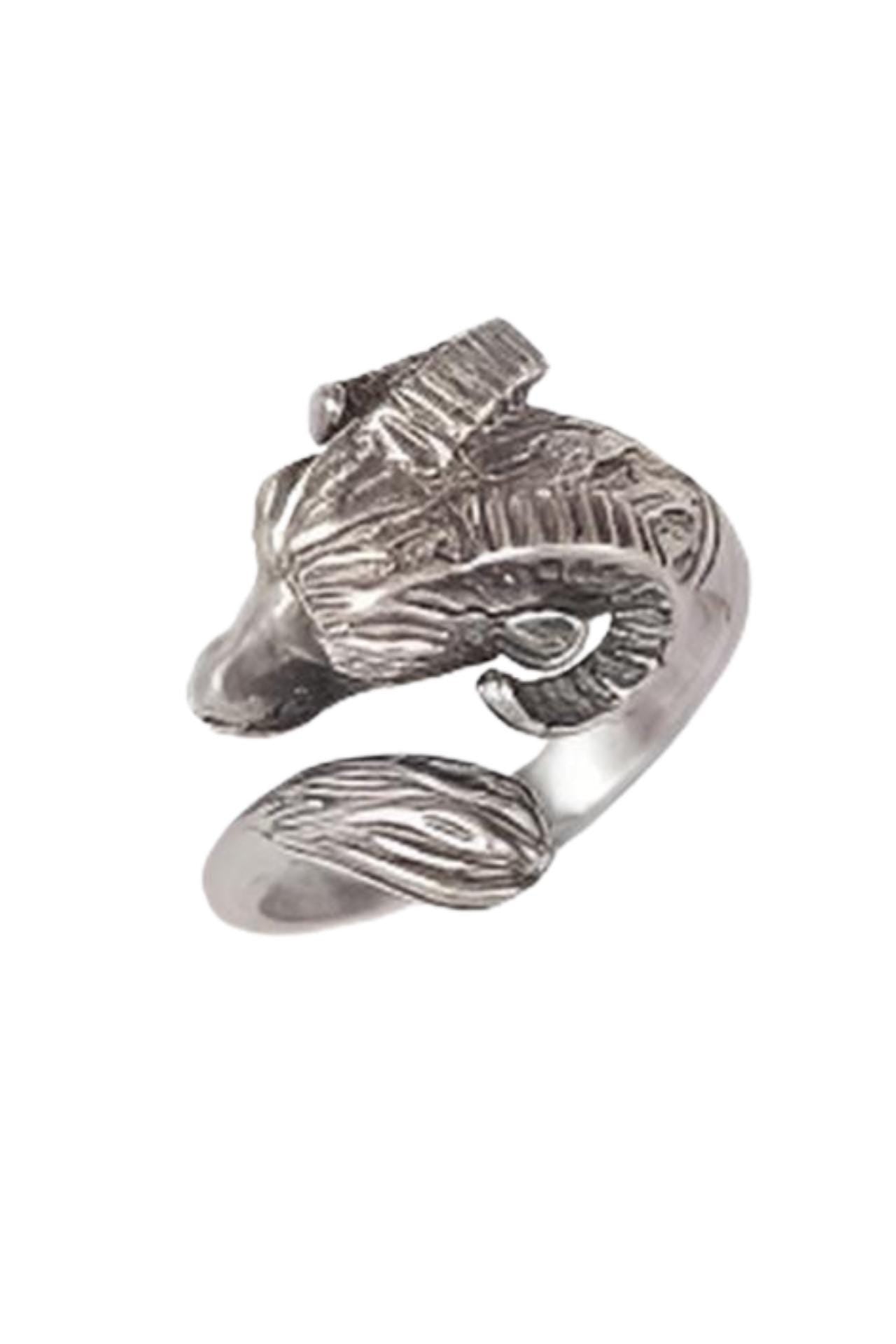 Silver Ram Head Ring: Adjustable Greek Mythology Statement Ring