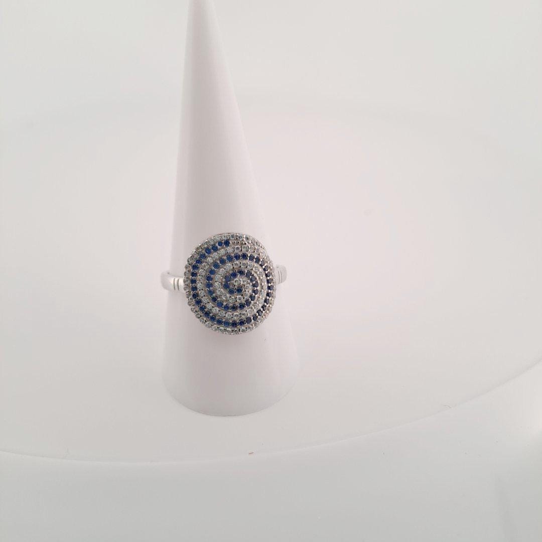Sterling Silver Ring – Greek Key Evil Eye Protection Statement With Blue Zircon