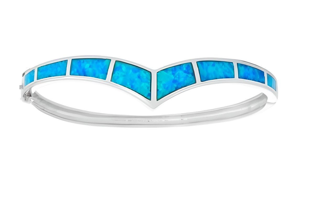 Blue Opal Bangle Bracelet, Sterling Silver 925, Greek Inspired Design