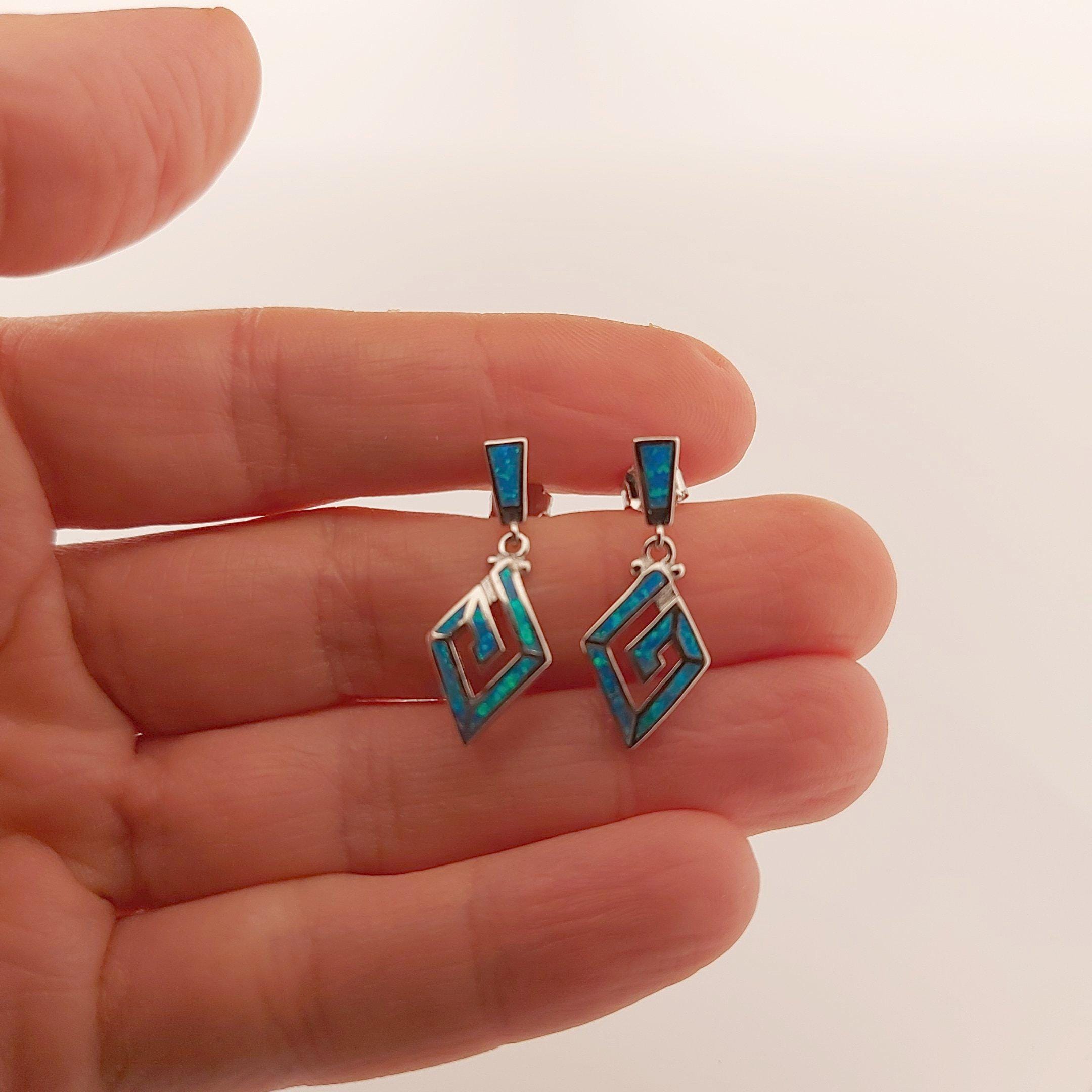 Blue Opal Sterling Silver Dangle Earrings: Greek Key Diamond Design