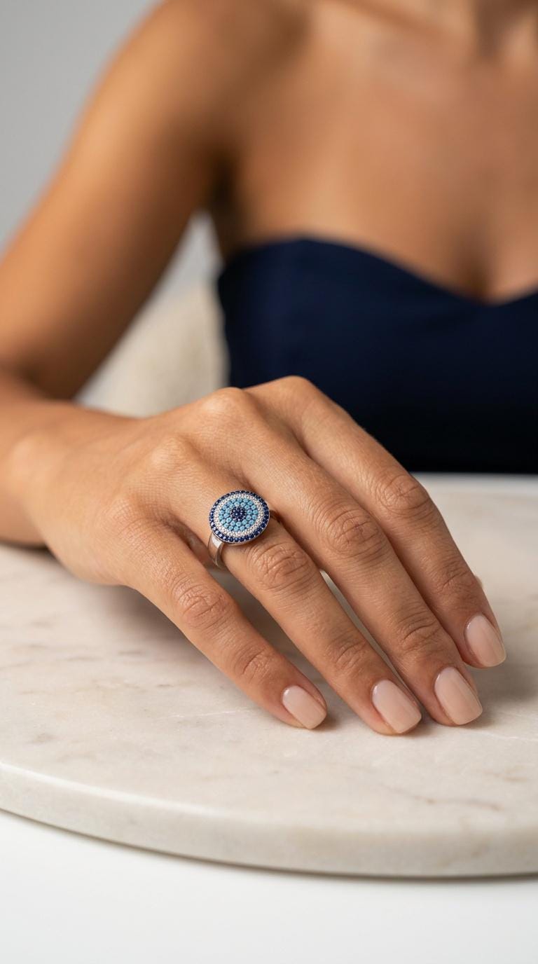 Evil Eye Ring Silver 925 – Blue Zircon Protection Jewelry With Circle Design