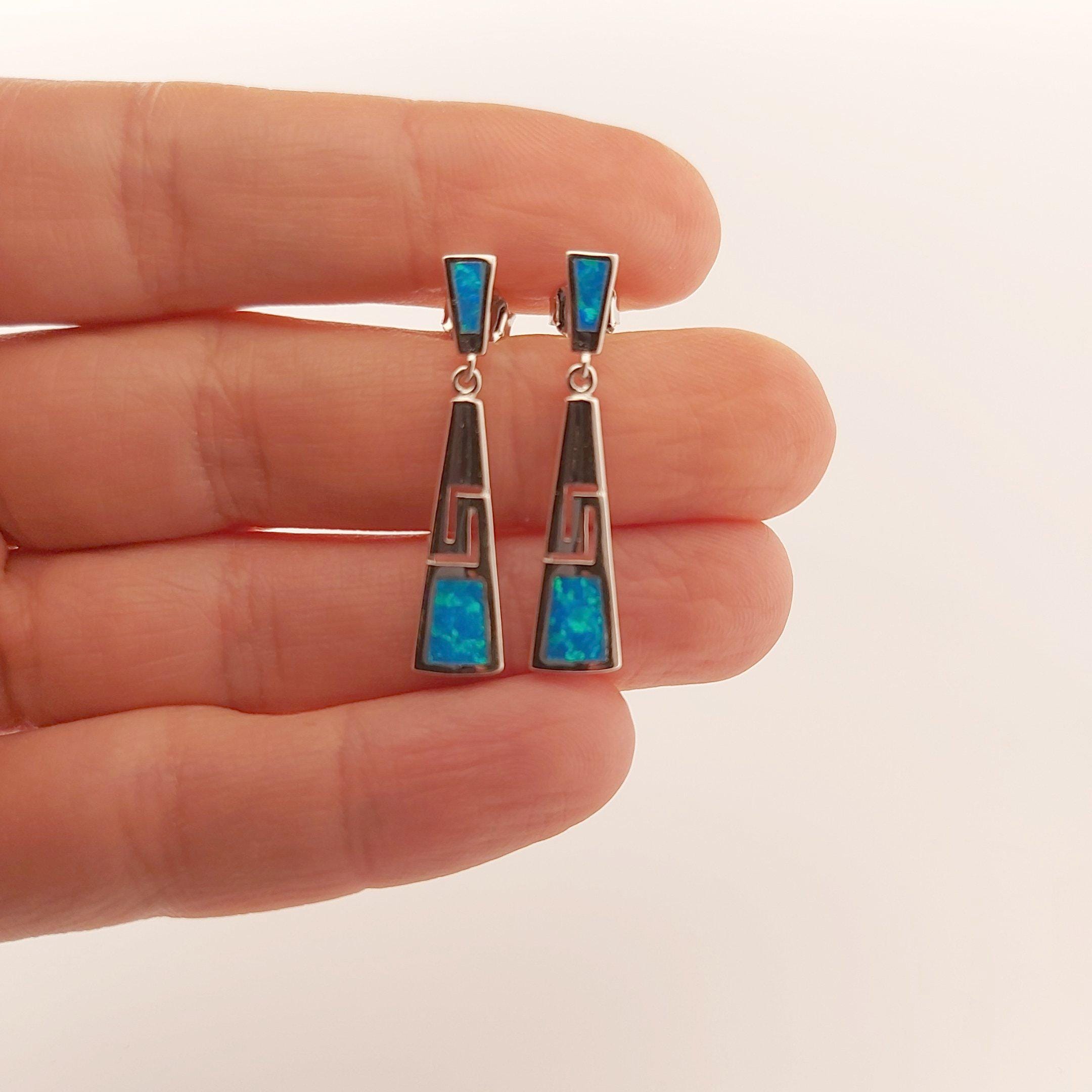 Sterling Silver Blue Opal Dangle Earrings: Greek Key Design