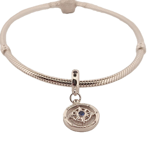 Sterling Silver Compass Charm: Blue Crystal Dangle Bead, Greek Design