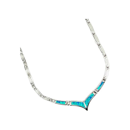 Blue Opal V-Shape Necklace, Greek Key Meander Design