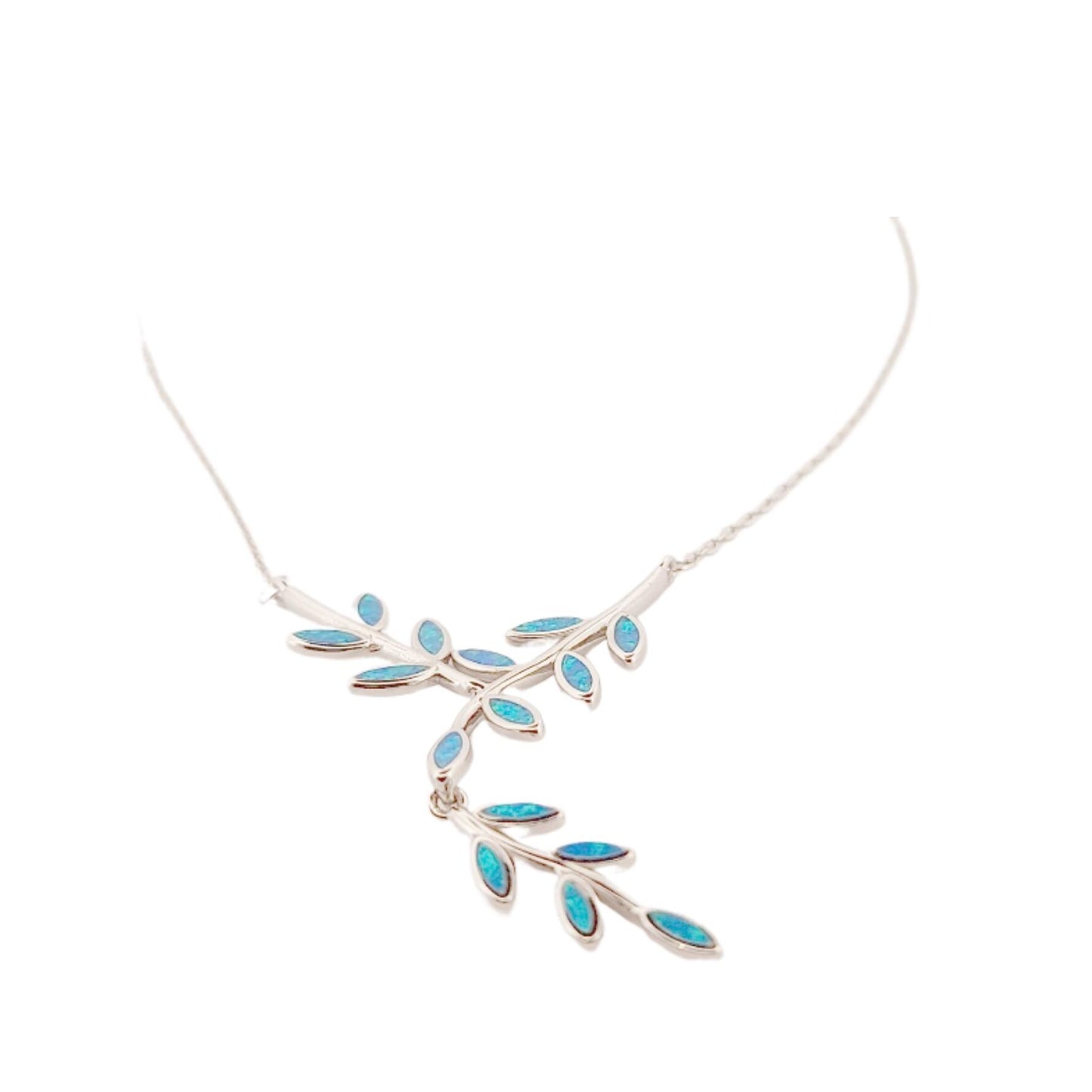Sterling Silver Blue Opal Olive Branch Leaf Pendant Necklace