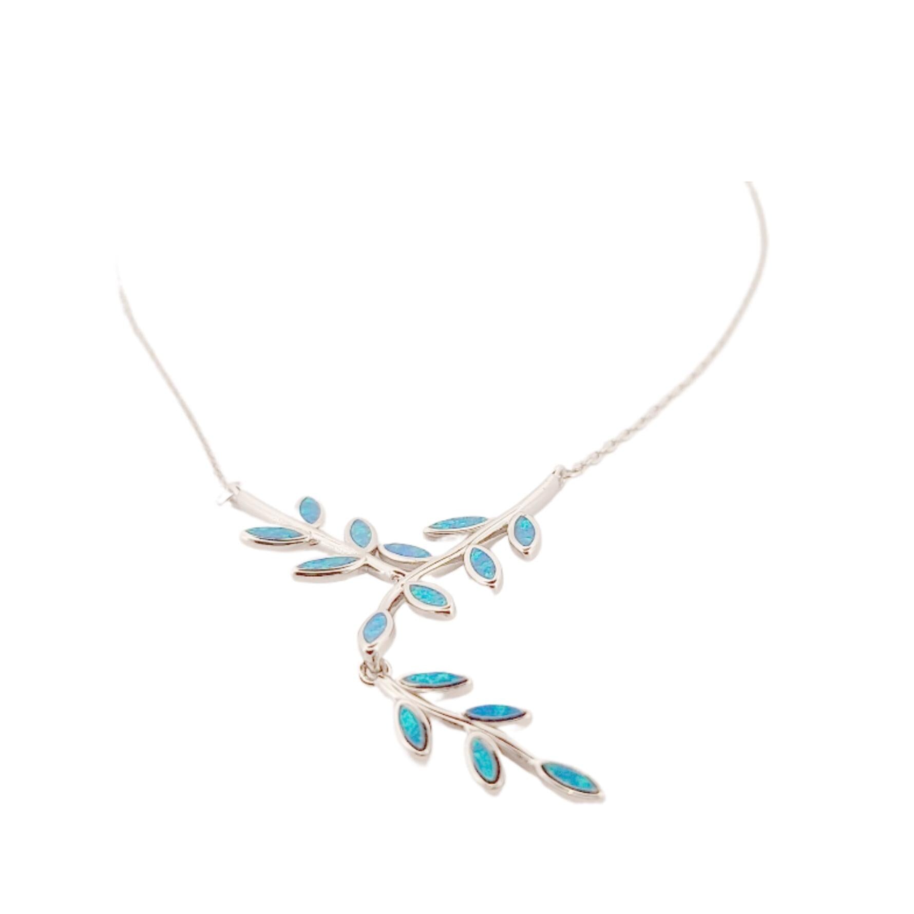 Sterling Silver Blue Opal Olive Branch Leaf Pendant Necklace