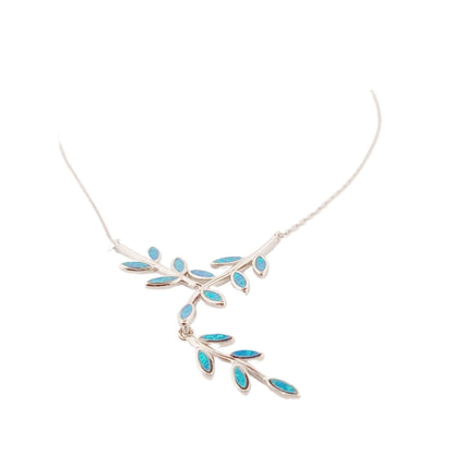 Sterling Silver Blue Opal Olive Branch Leaf Pendant Necklace