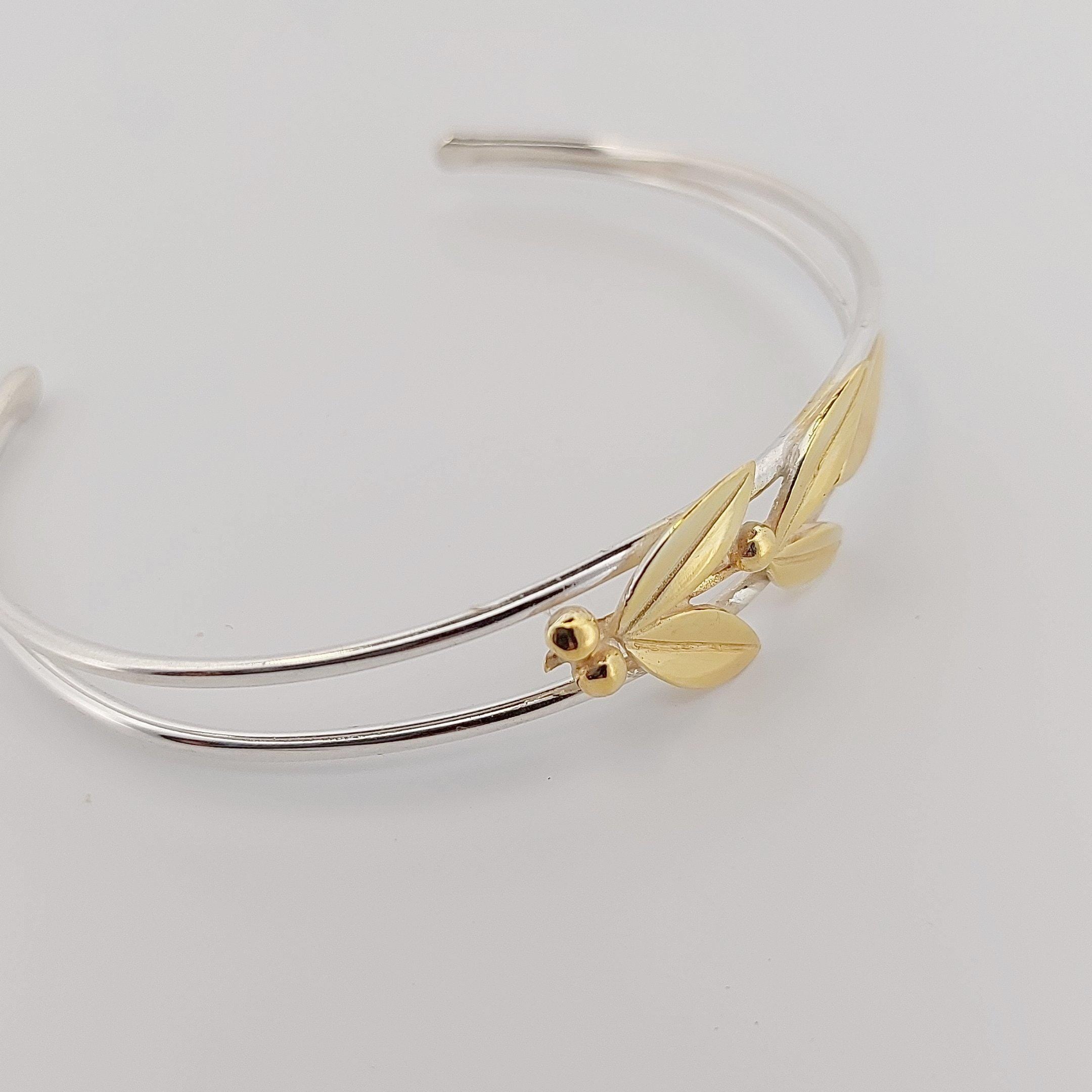 Olive Leaves Bracelet, Silver Dual-Band Cuff with Gold Plated Greek Design, Elegant Leaf Motif