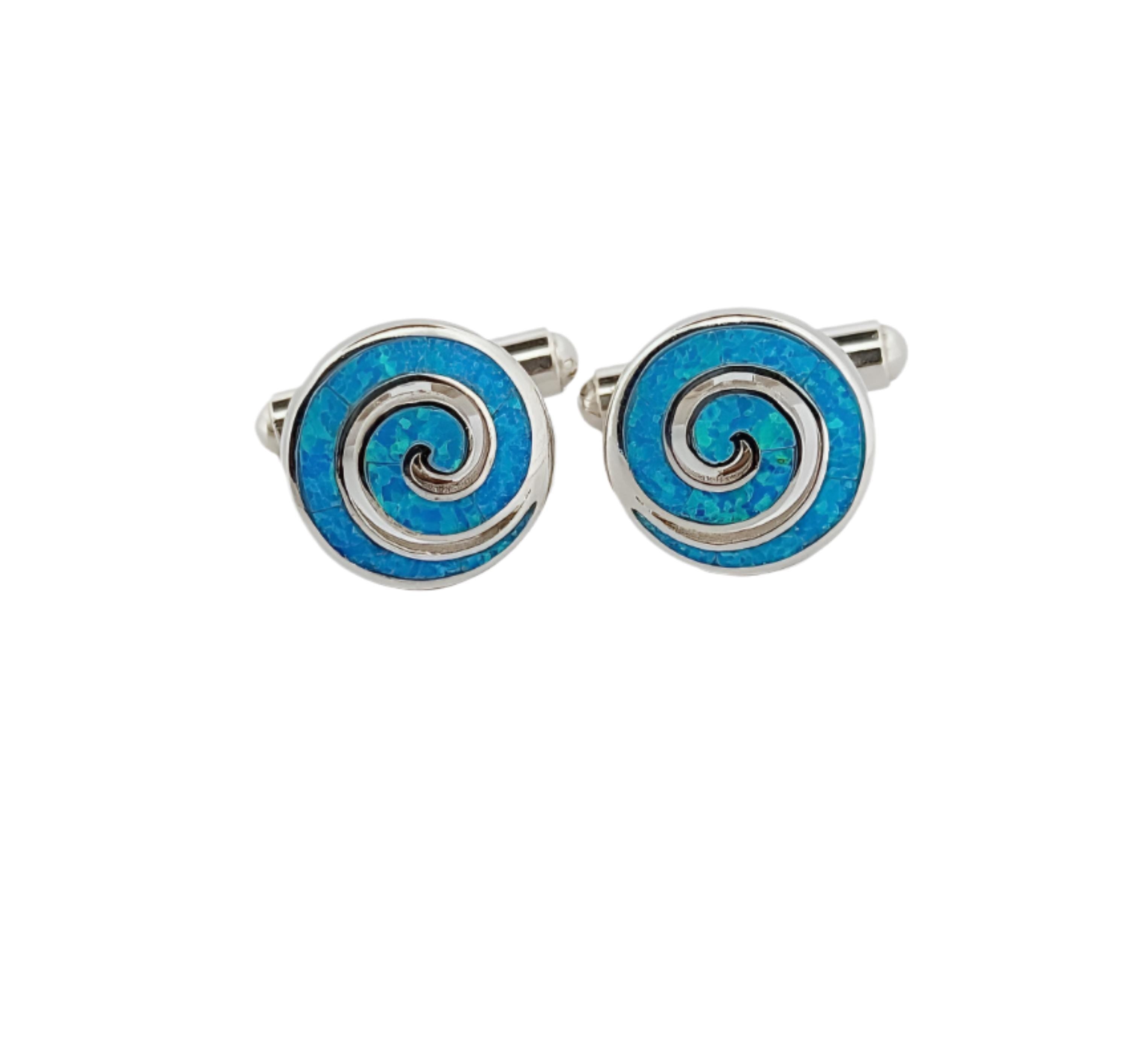 Blue Opal Greek Key Cufflinks, Sterling Silver, Meander Round Design, 925 Silver