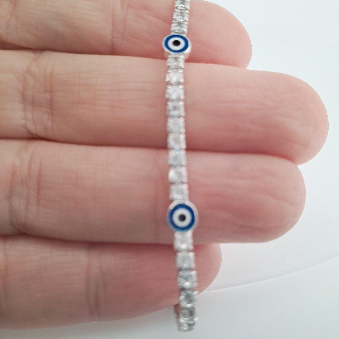 Silver Evil Eye Bracelet – Adjustable Charm Bangle with Zirconia Stones & Sliding Clasp