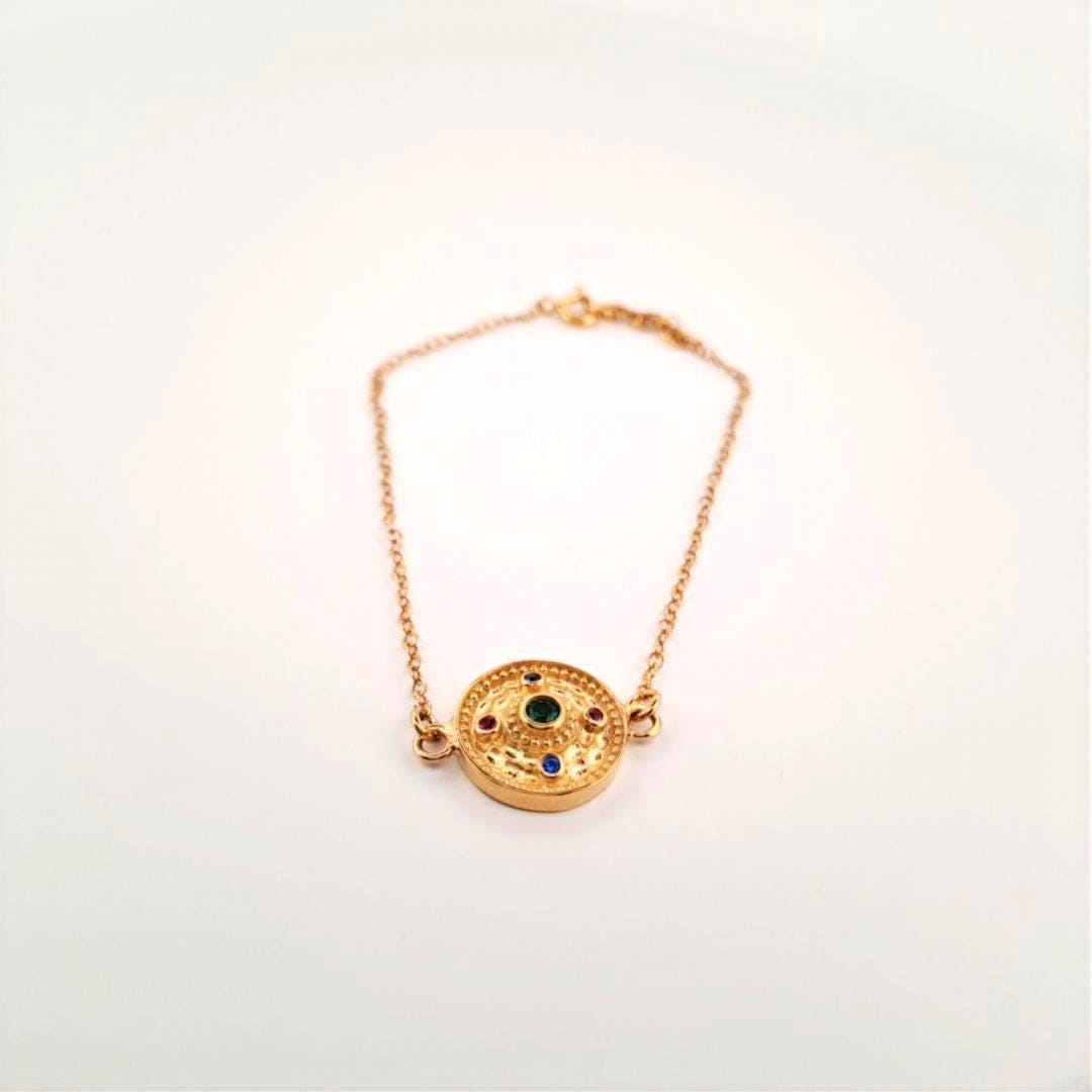 Gold Plated Bracelet – Byzantine Multicolor Gemstone Medallion With Adjustable Chain