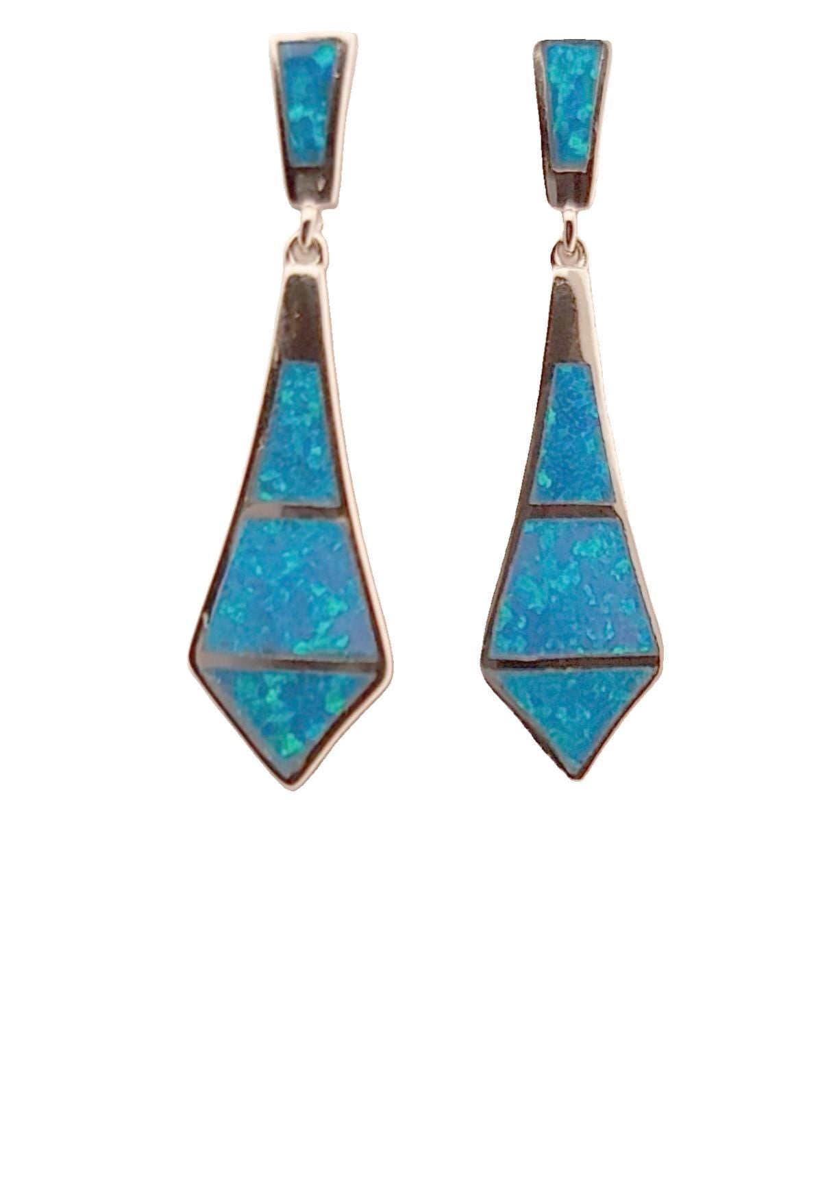 Blue Opal Sterling Silver Dangle Earrings: Greek Geometric Design