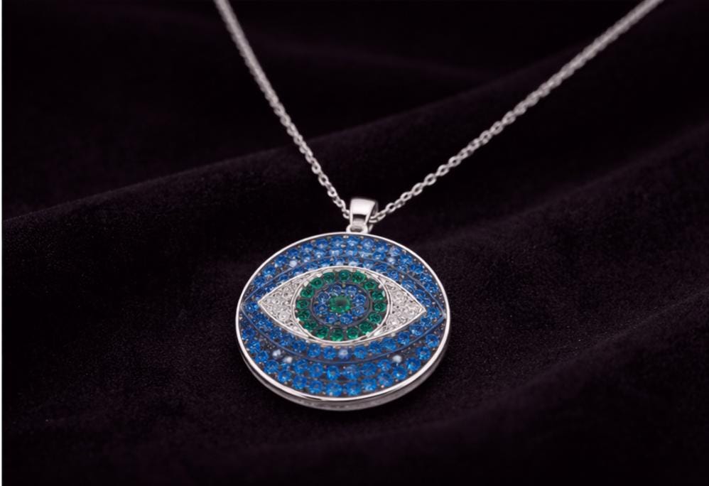 Evil Eye Pendant Necklace - Silver Zirconia Eye Charm with Blue Green Stones