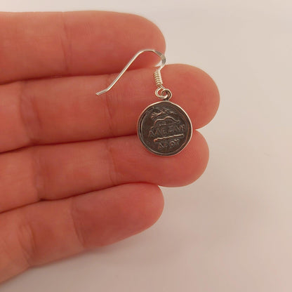 Greek Goddess Athena Dangle Earrings, Silver Coin Design, Antique Style