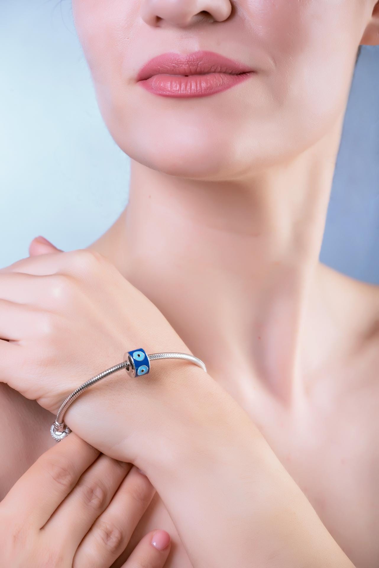 Evil Eye Charm Bead: Blue Enamel, Sterling Silver, Fits Pandora