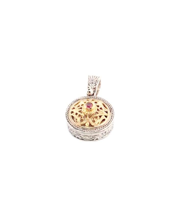 Two Tone Ruby Pendant – Byzantine Style Jewelry, Sterling Silver & Gold Plated Charm