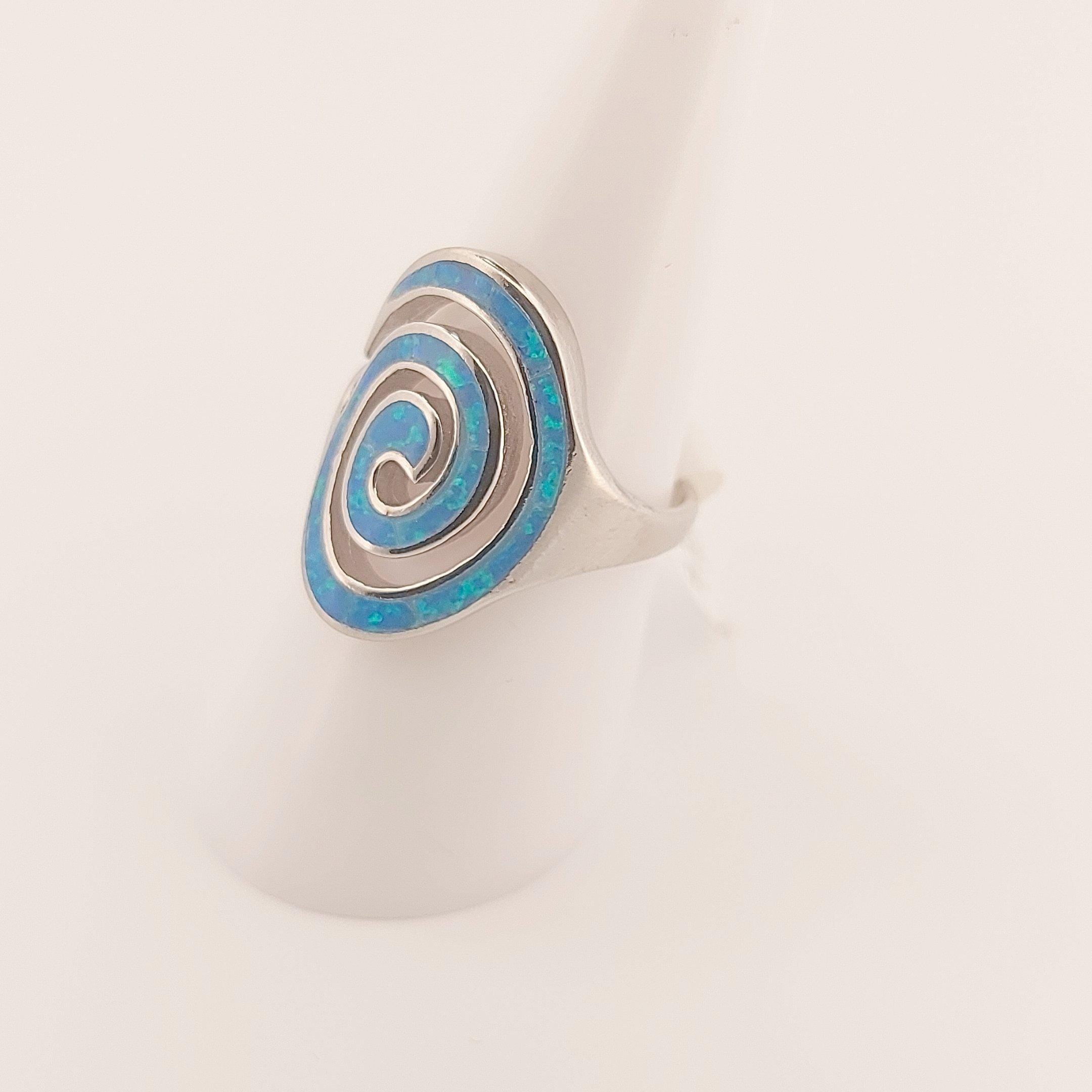 Blue Opal Silver Ring, Greek Key Spiral Design, Statement Ring