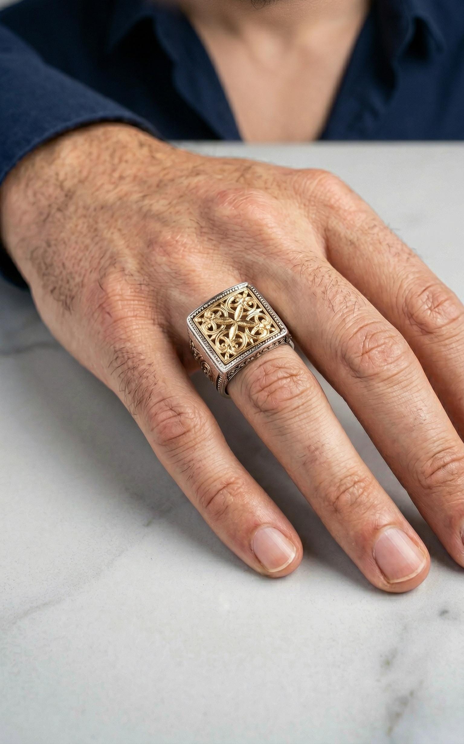 Byzantine Gold Ring - Ornate Filigree Square Cross Wide Band Silver Statement