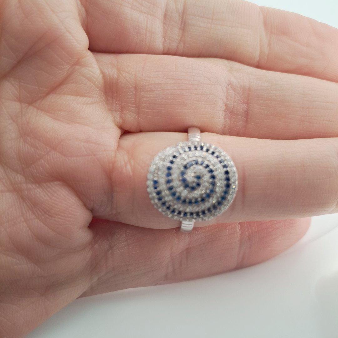 Sterling Silver Ring – Greek Key Evil Eye Protection Statement With Blue Zircon