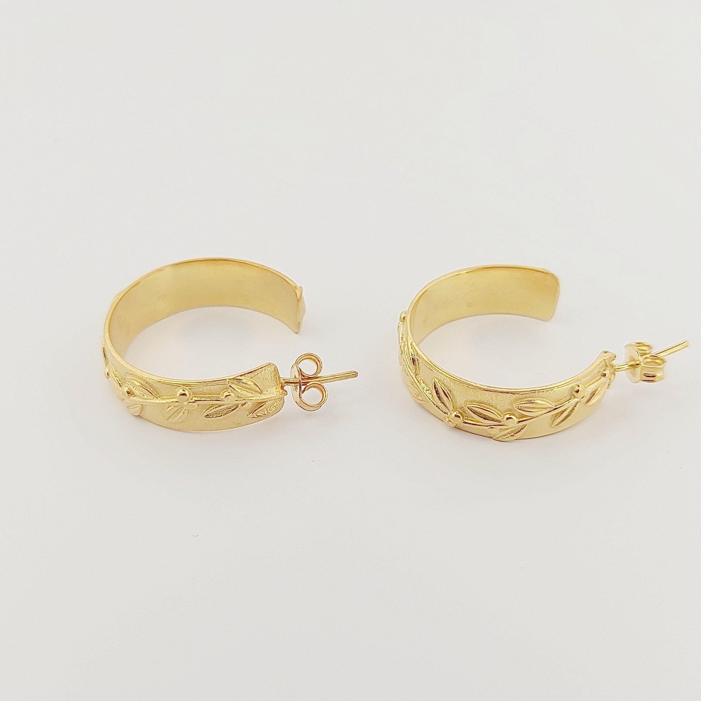 Gold Plated Olive Branch Hoop Earrings: Greek Motif Design