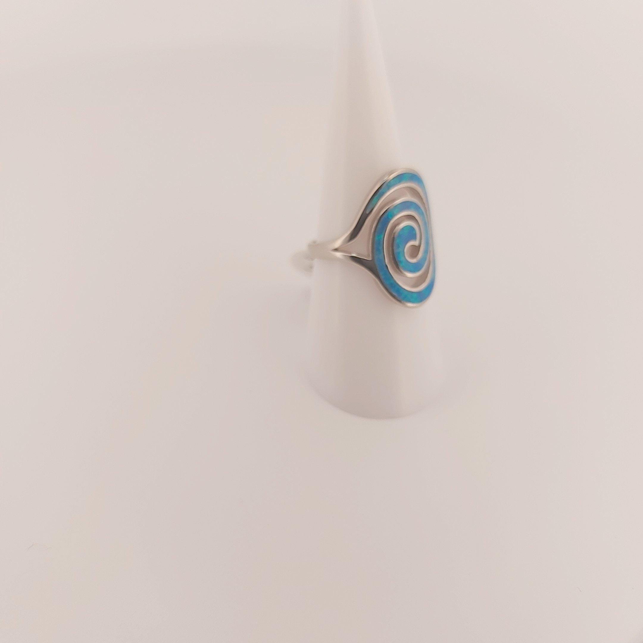 Blue Opal Silver Ring, Greek Key Spiral Design, Statement Ring