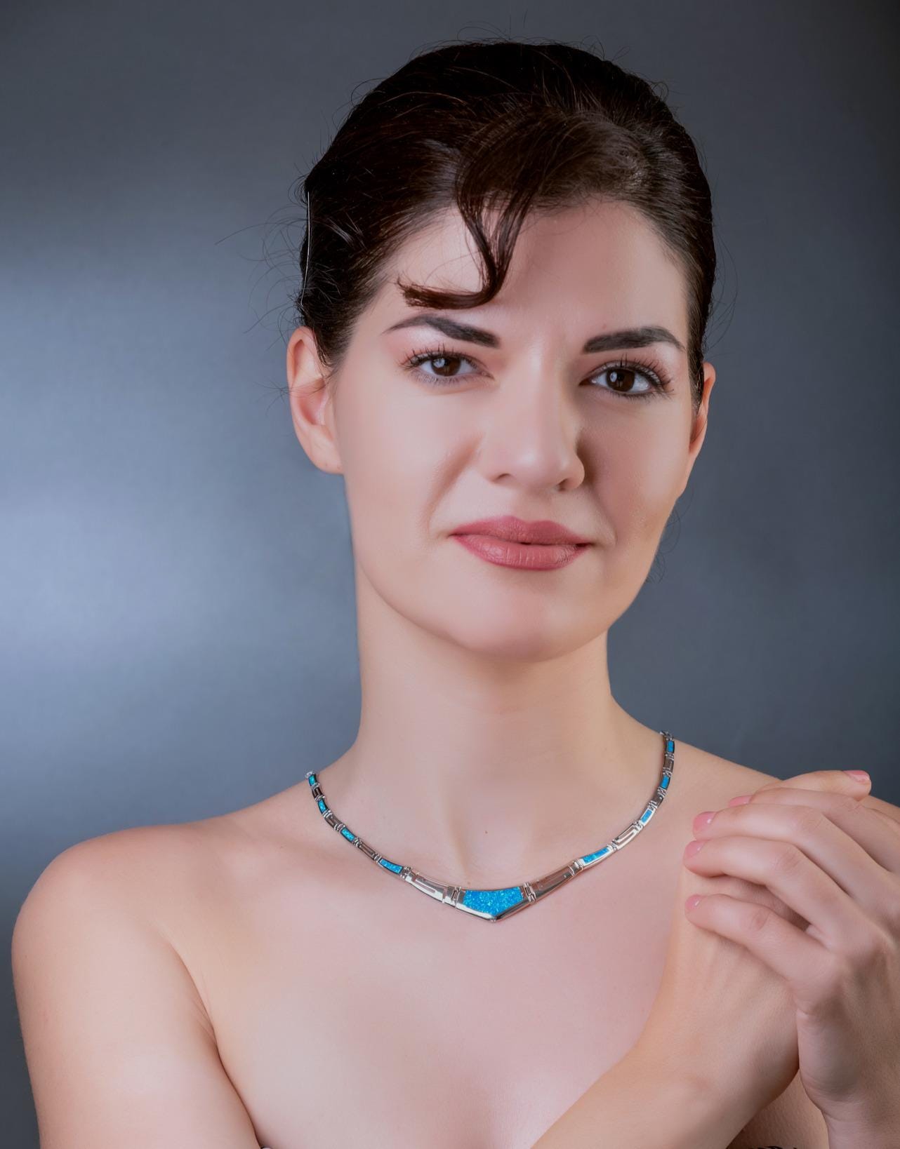 Sterling Silver Blue Opal Necklace with Greek Key Meander Design