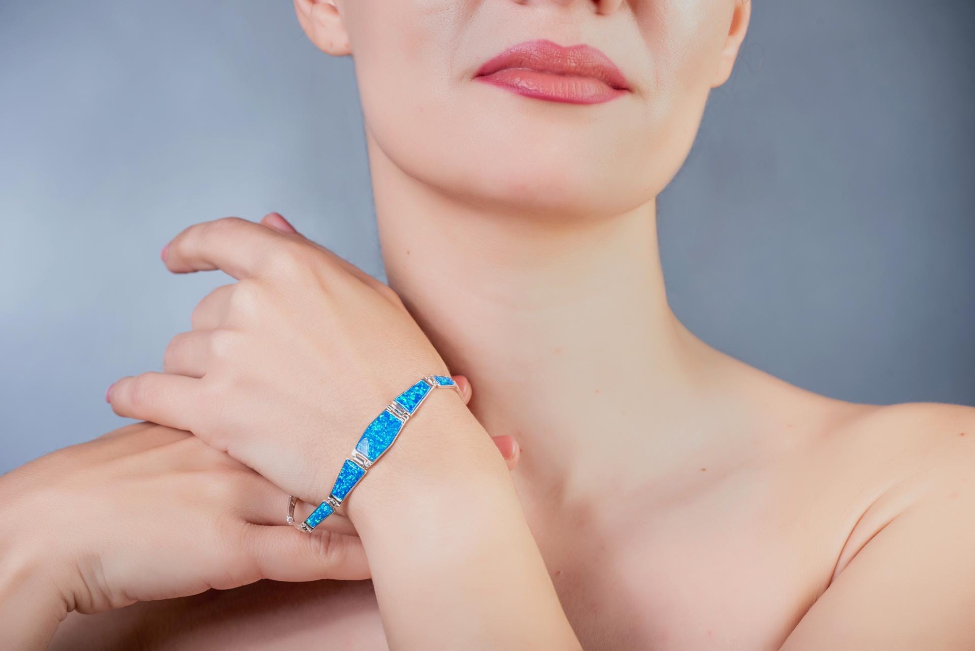 Blue Opal Silver Greek Key Bracelet, Greek-Inspired Design