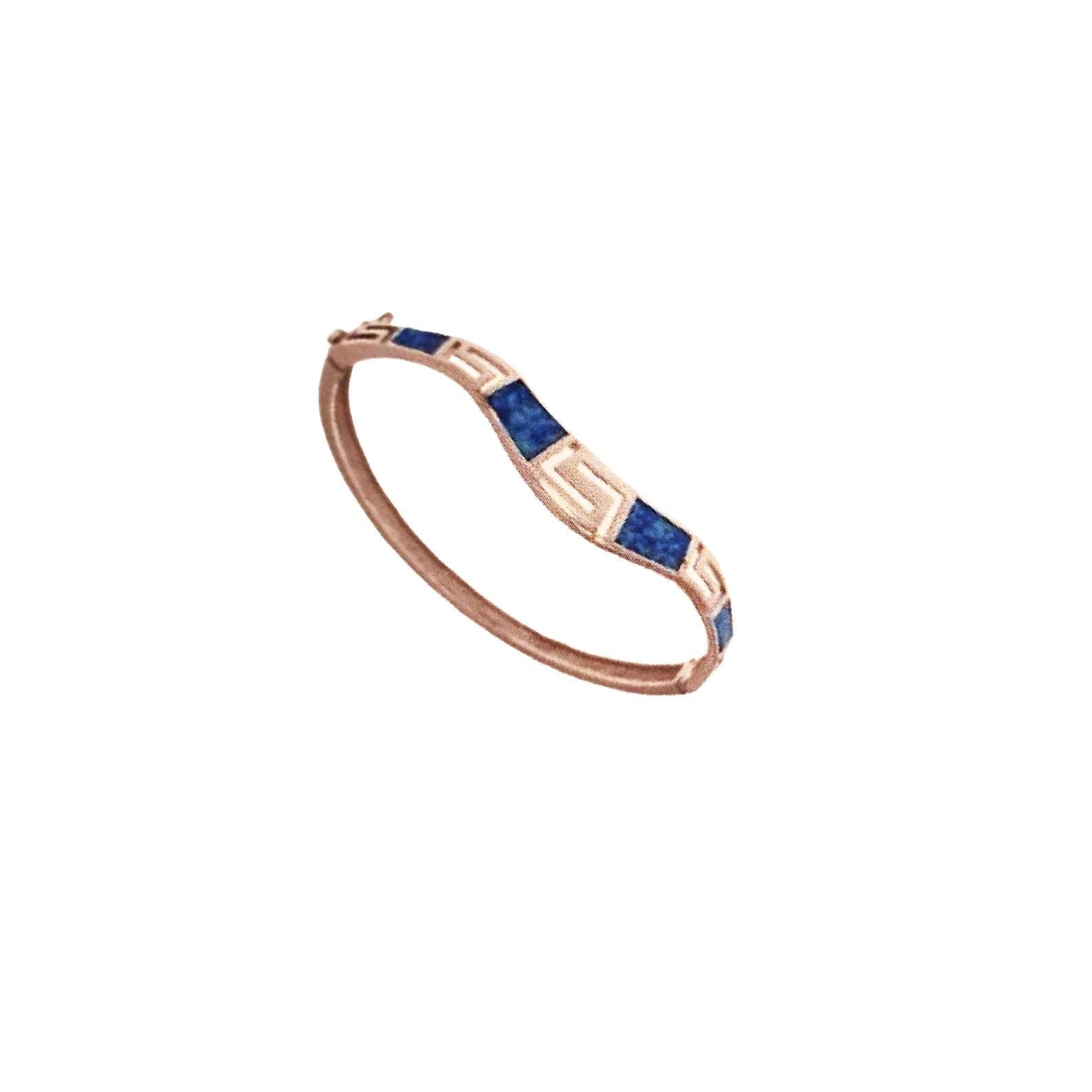 Blue Opal Silver Bracelet, Greek Key Meander Design Bangle