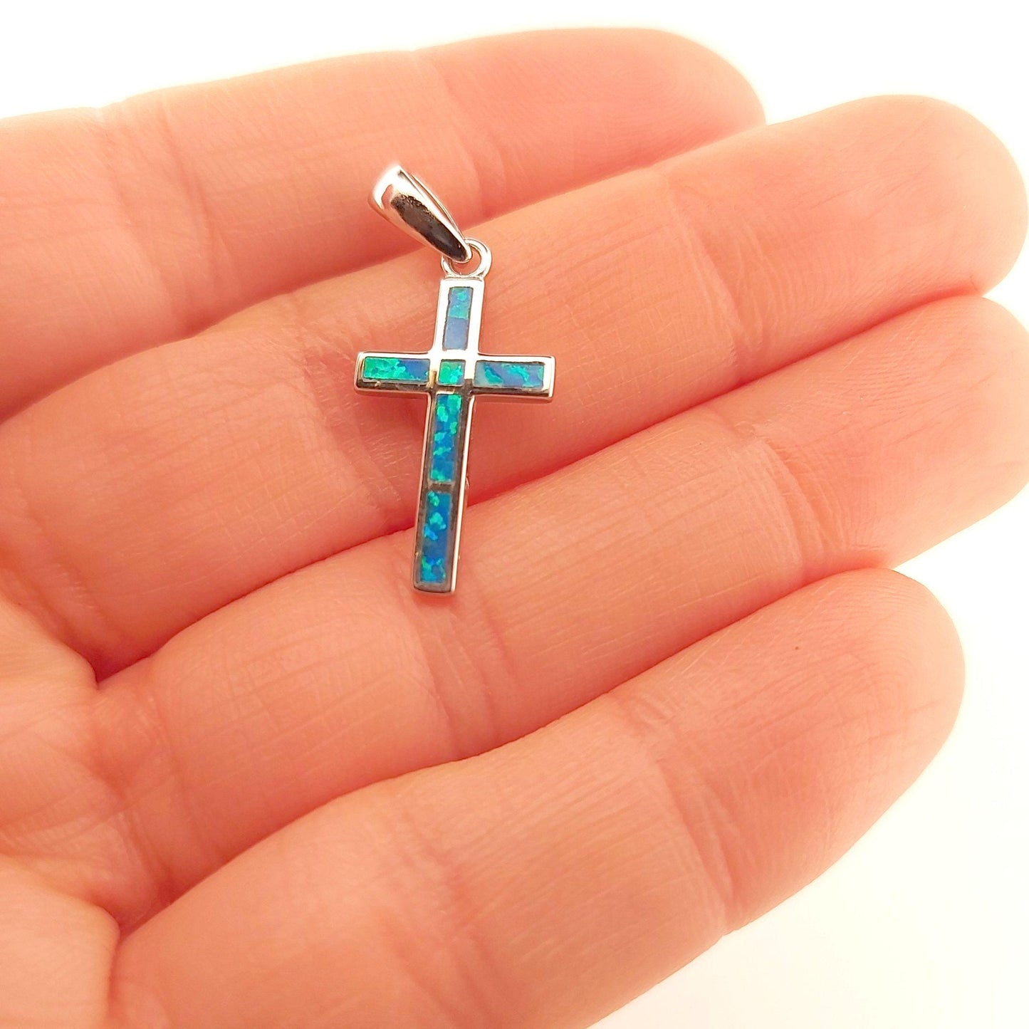 Sterling Silver Blue Opal Cross Pendant