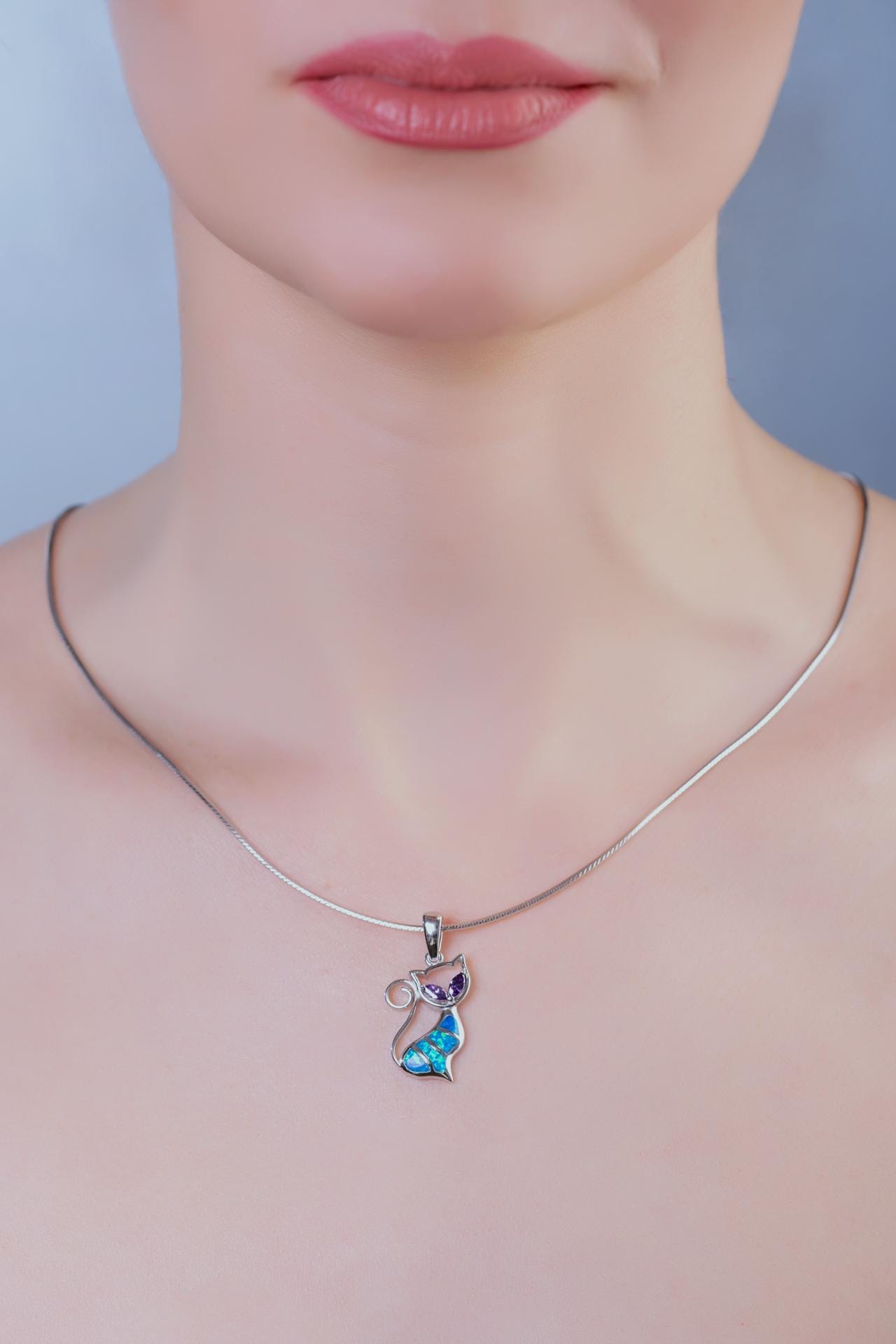 Sterling Silver 925 Cat Pendant, Blue and Purple Opal Inlay