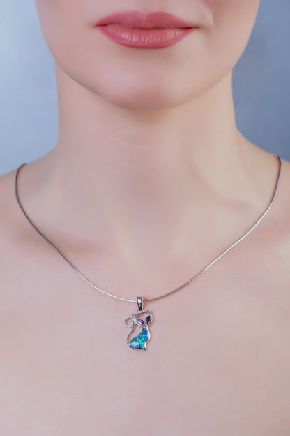 Sterling Silver 925 Cat Pendant, Blue and Purple Opal Inlay