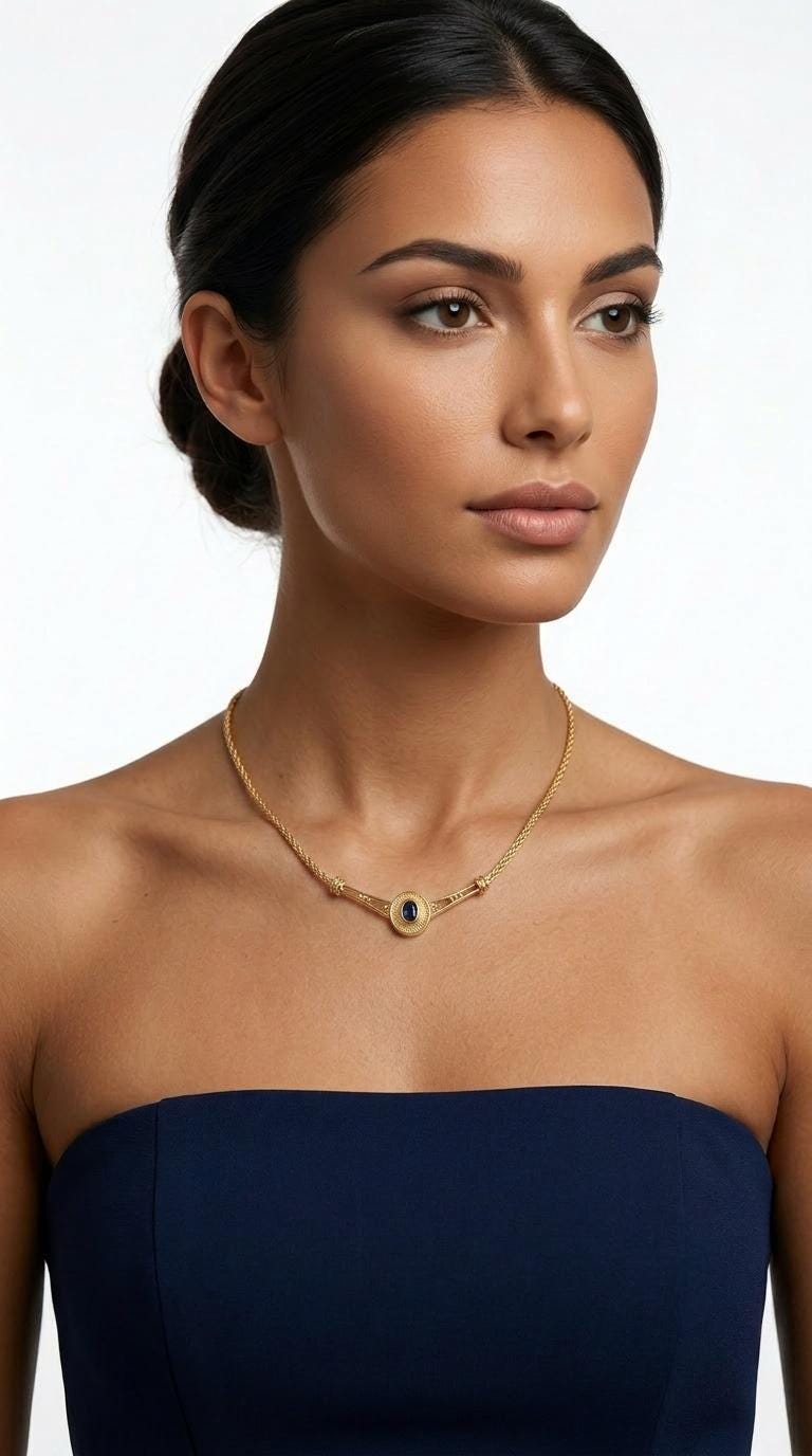 Gold Plated Byzantine Necklace – Blue Oval Gemstone Woven Chain, Antique Inspired Jewelry