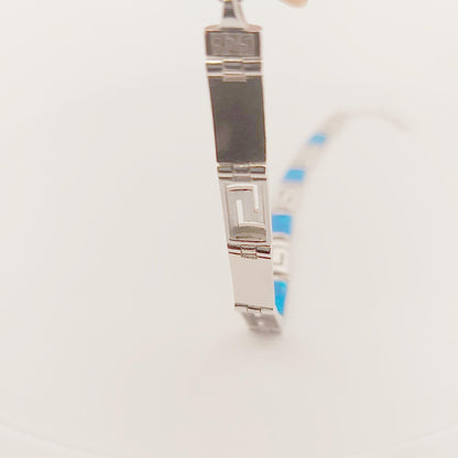 Sterling Silver Blue Opal Link Bracelet, Greek Key Meander Design
