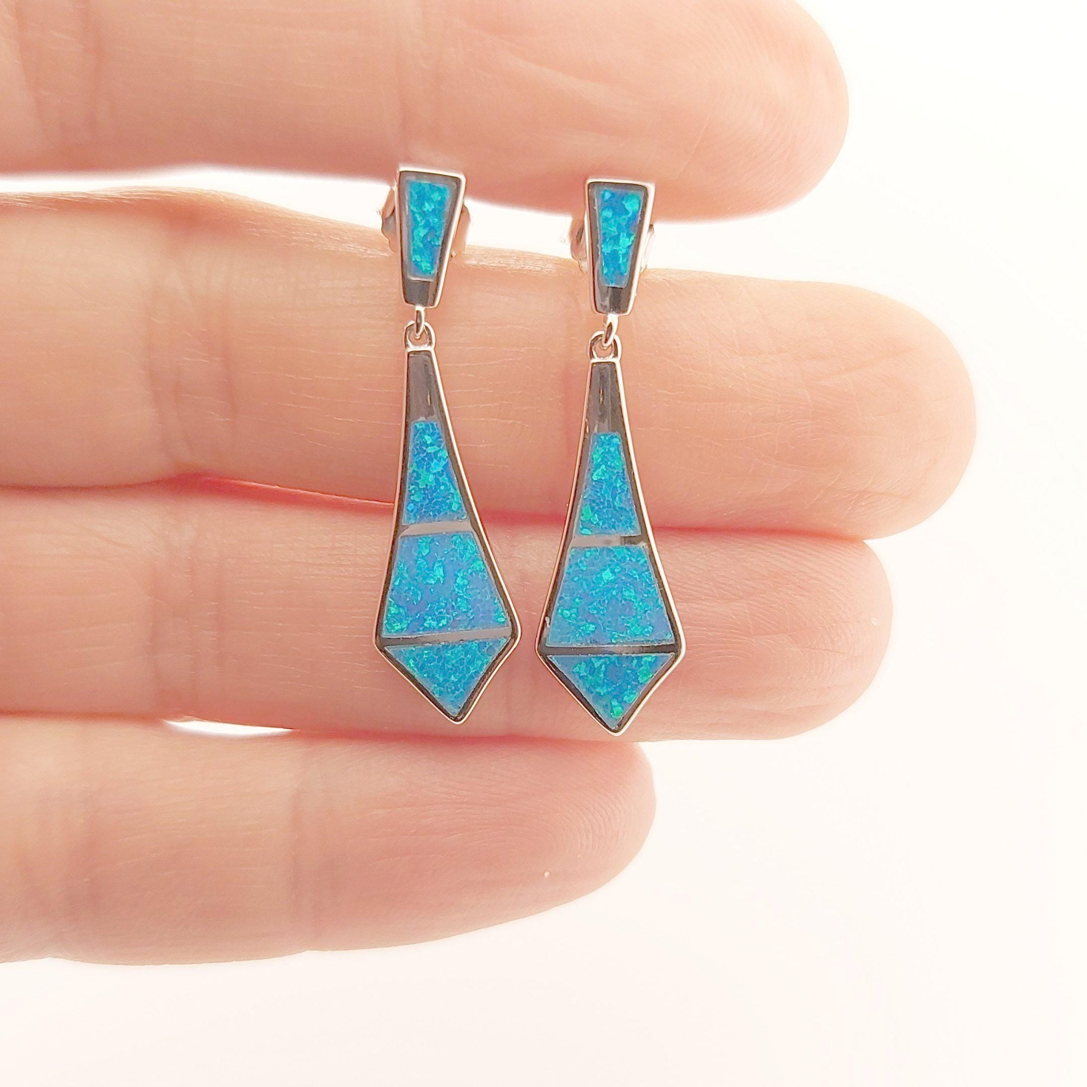 Blue Opal Sterling Silver Dangle Earrings: Greek Geometric Design