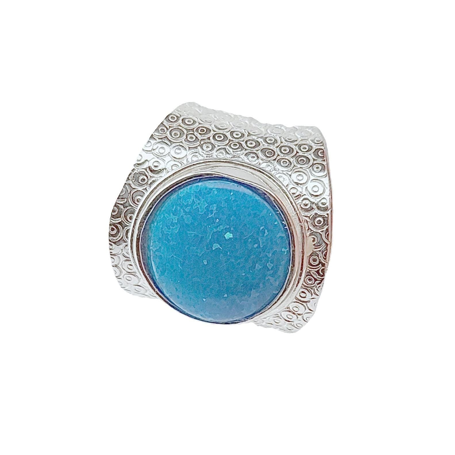 Handcrafted Silver Statement Ring with Blue Opal Stone, Greek-Inspired Textured Design