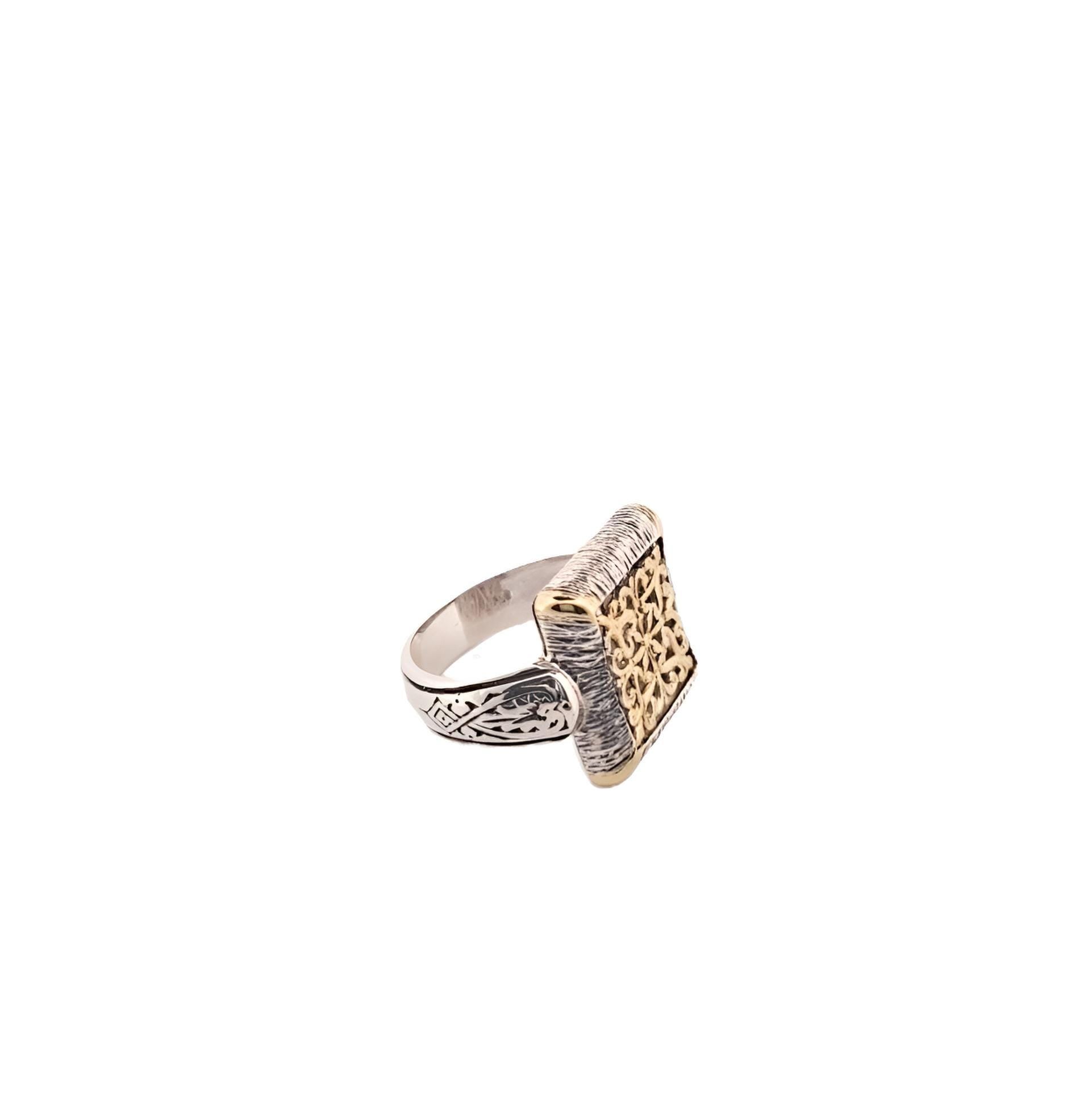 Byzantine Style Ring - Ornate Filigree Design Two Tone Square Face Band