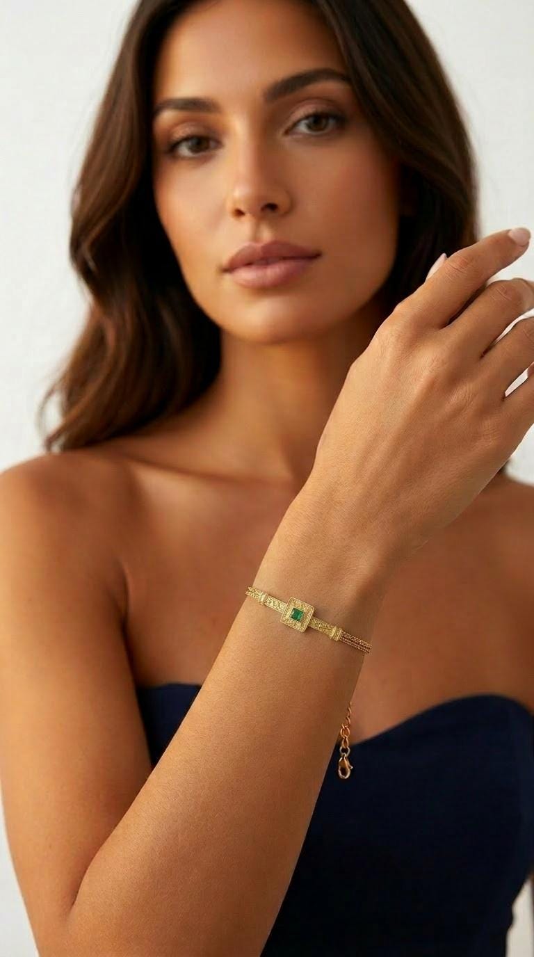 Byzantine Bracelet – Gold Plated Chain Sterling Silver Jewelry With Green Gemstone