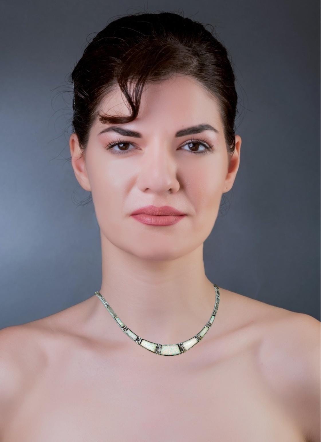 White Opal Greek Key Necklace, Sterling Silver Meander Design