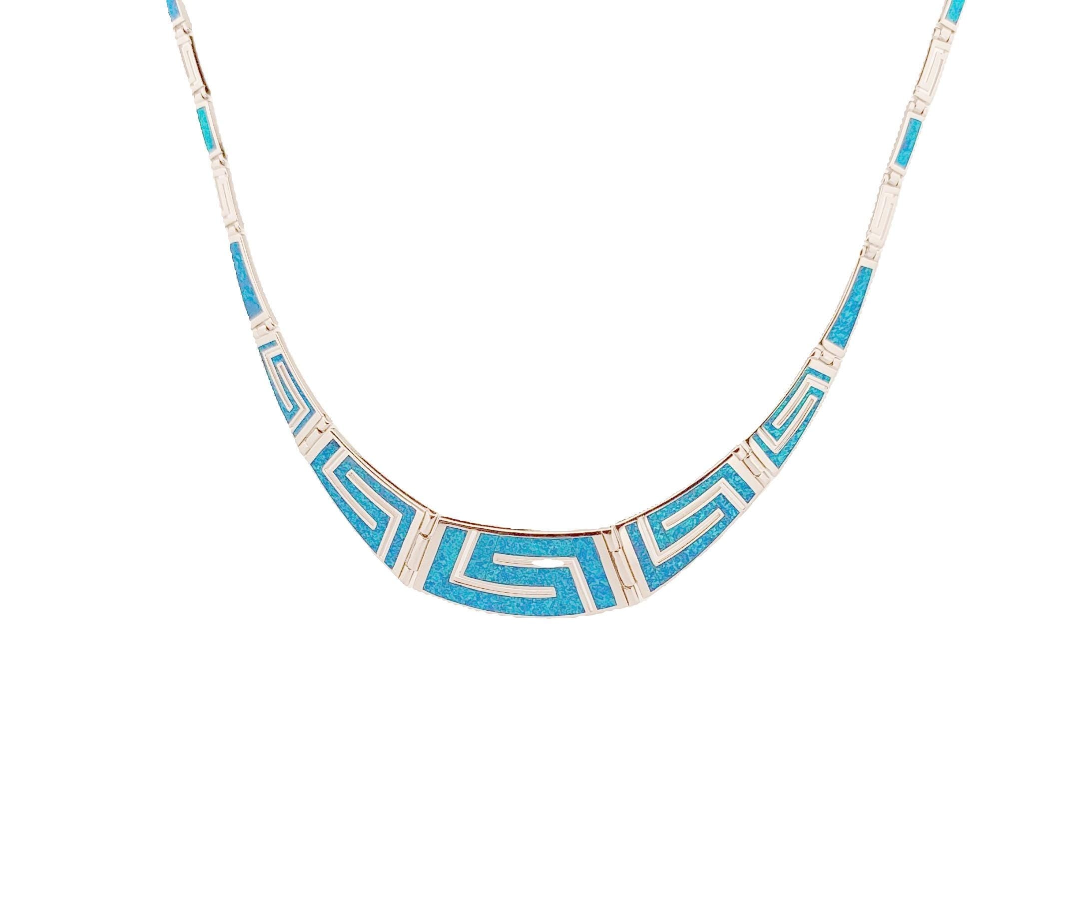 Sterling Silver Blue Opal Necklace, Greek Key Meander Design 925 Silver