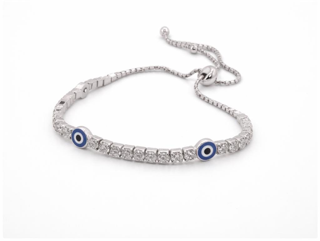 Silver Evil Eye Bracelet – Adjustable Charm Bangle with Zirconia Stones & Sliding Clasp