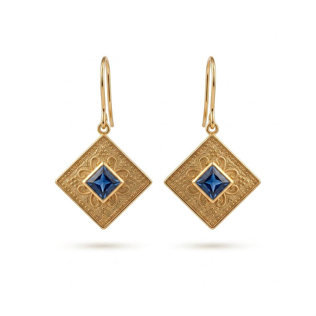 Gold Plated Earrings – Byzantine Style Textured Drop with Square Cut Gemstone