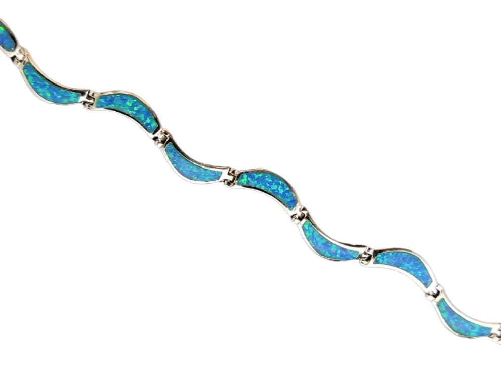 Blue Opal Wave Greek Key Bracelet, Sterling Silver 925, Meander Design Bracelet