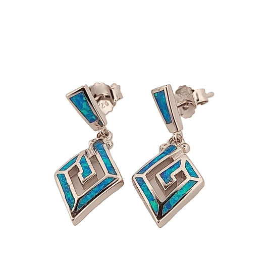 Blue Opal Sterling Silver Dangle Earrings: Greek Key Diamond Design